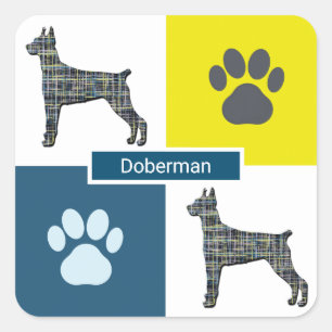 Doberman Pinscher Dog Silhouette & Paw Y&B Grid Quadratischer Aufkleber