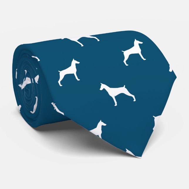 Doberman Pinscher Dog Silhouetten Muster Blau Krawatte (Gerollt)