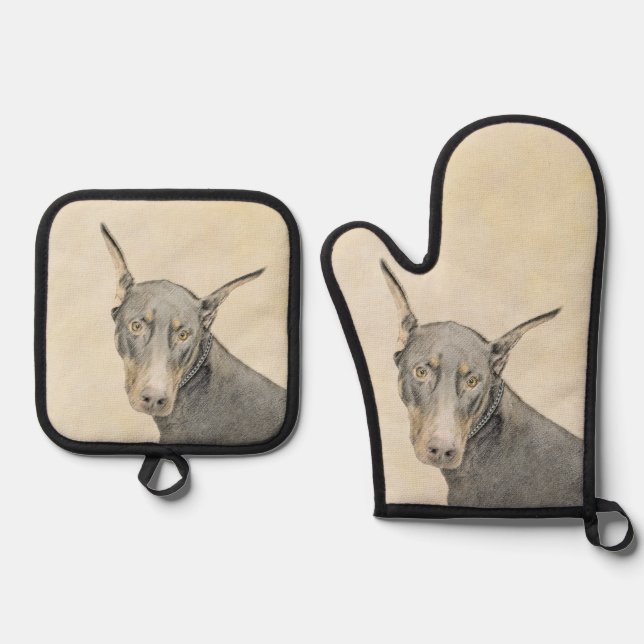 Doberman Pinscher Painting Dobermann Proppe Dog Ar Ofenhandschuh & Topflappen-Set (Vorderseite)