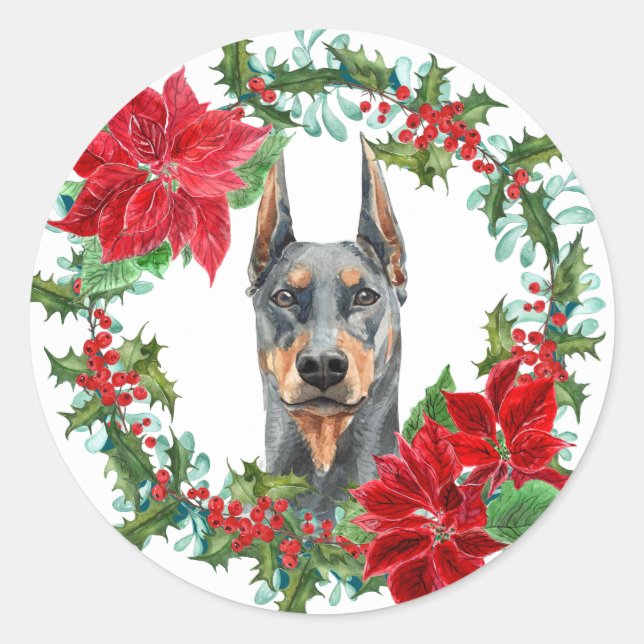 Doberman Pinscher Poinsettia Holly Holiday Wreath Runder Aufkleber (Vorderseite)