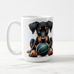 Doberman Pinscher Puppy hält einen Ball Kaffeetasse
