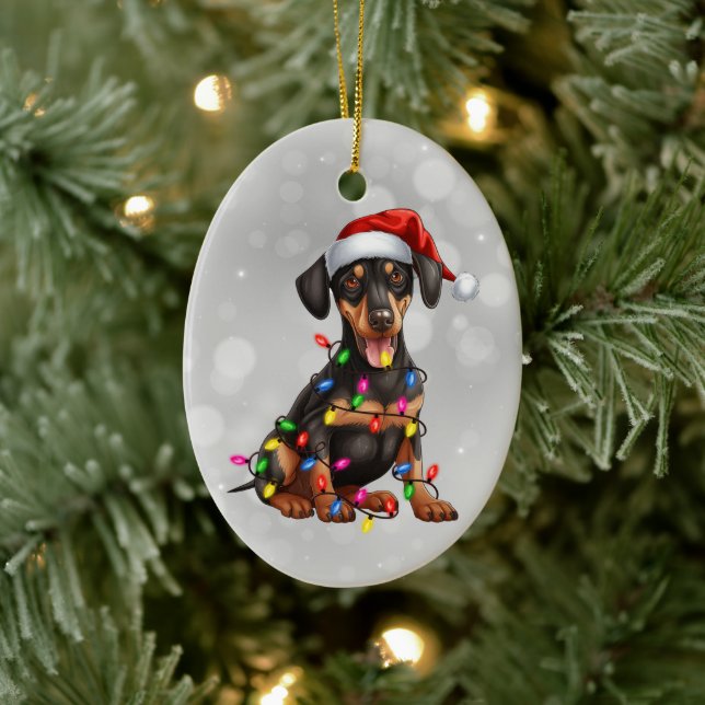 Doberman Pinscher Puppy in Christmas Lights Keramik Ornament (Baum)
