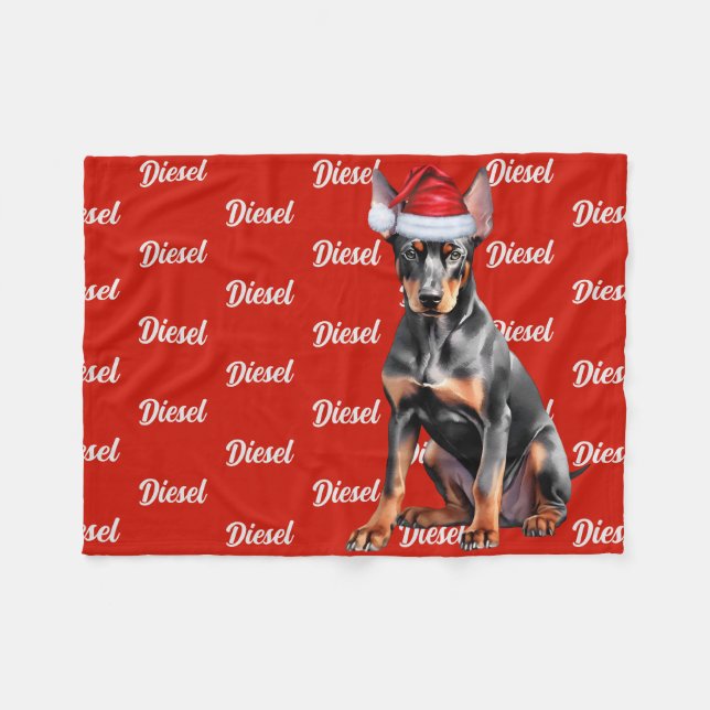Doberman Pinscher Santa Dog Custom Name Christmas Fleecedecke (Vorderseite (Horizontal))