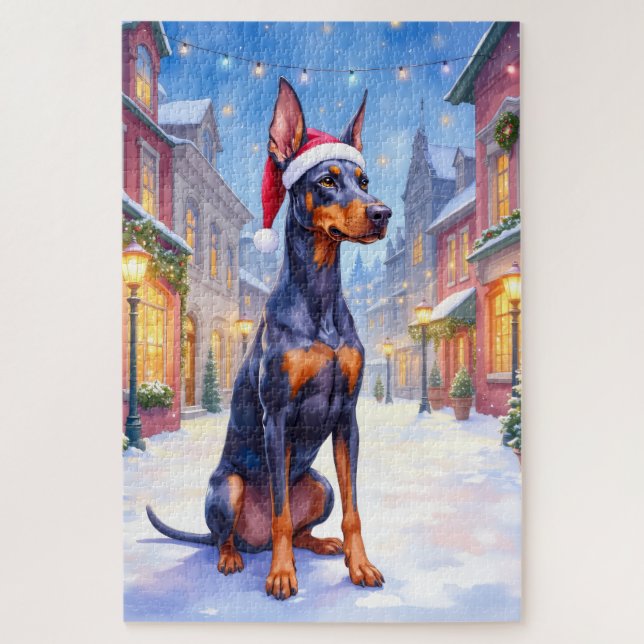 Doberman Pinscher Snowy Village Santa Hat Christma (Vertikal)