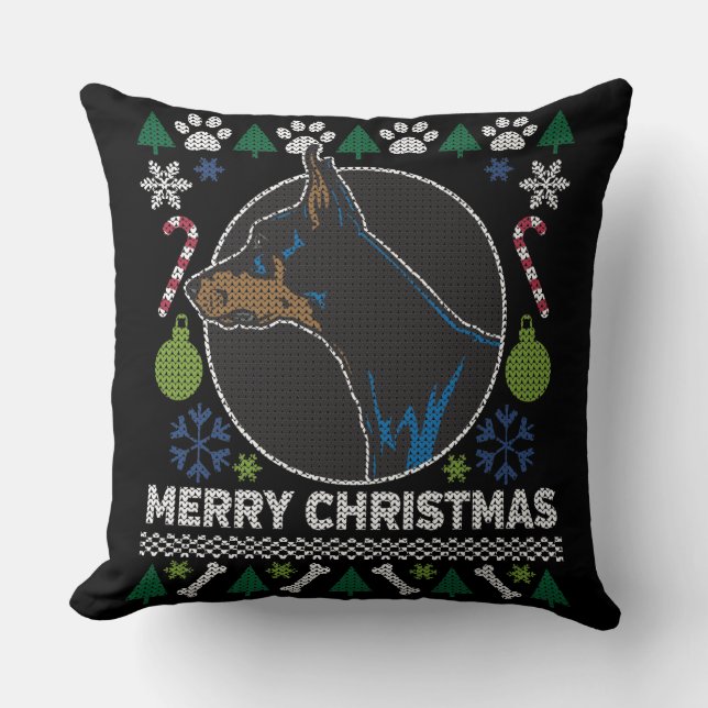 Doberman Pinscher Ugly Christmas Sweater Dog Kissen (Vorderseite)