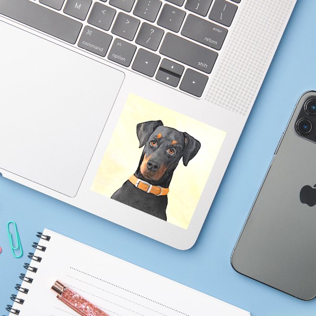 Doberman Pinscher Unzugeschnittene Malerei Origina Aufkleber (Laptop mit iPhone)