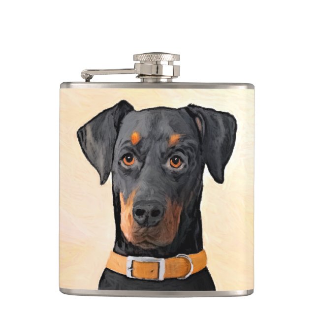 Doberman Pinscher Unzugeschnittene Malerei Origina Flachmann (Vorderseite)