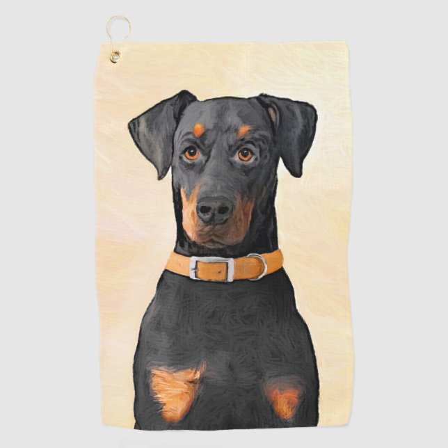 Doberman Pinscher Unzugeschnittene Malerei Origina Golfhandtuch (Vorderseite)