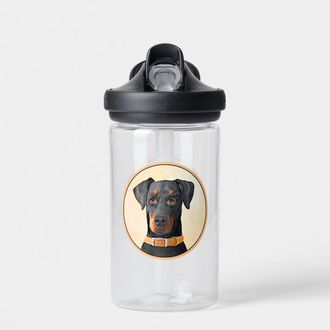 Doberman Pinscher Unzugeschnittene Malerei Origina Trinkflasche (Vorne)