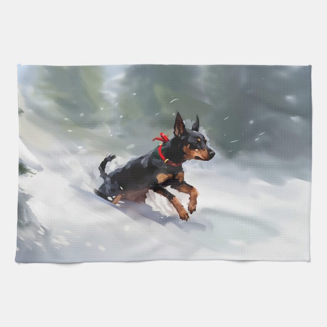 Doberman Pinscher Weihnachtsschnee Winter Geschirrtuch (Horizontal)