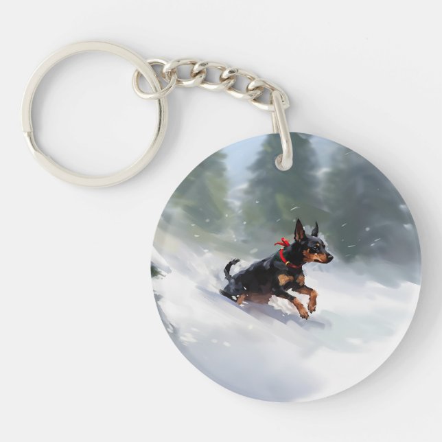 Doberman Pinscher Weihnachtsschnee Winter Schlüsselanhänger (Vorderseite)