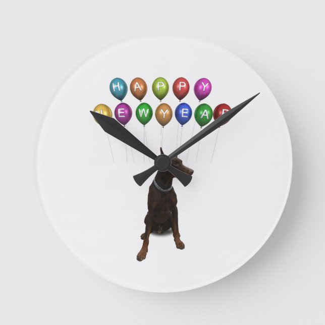 Doberman Pinscher wünscht ein frohes neues Jahr 20 Runde Wanduhr (Vorderseite)