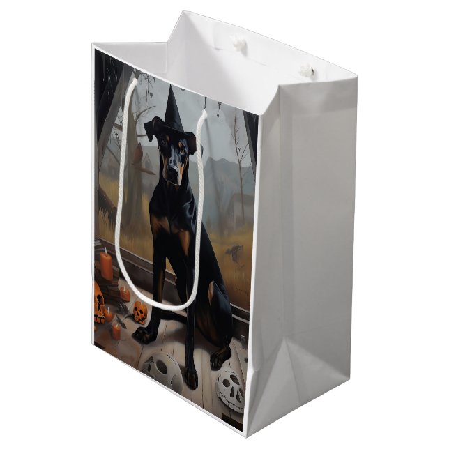 Doberman Pumpkins Halloween Beängstigend Mittlere Geschenktüte (Vorderseite Schrägansicht)