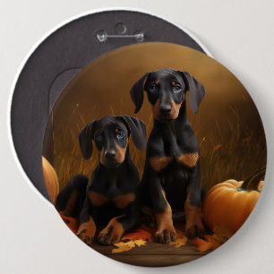 Doberman Puppy Autumn Delight Pumpkin Button