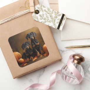 Doberman Puppy Autumn Delight Pumpkin Quadratischer Aufkleber
