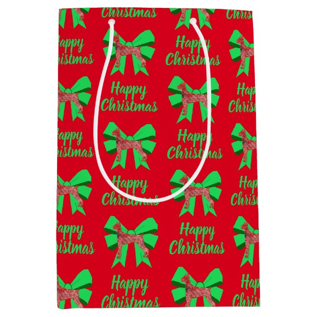 Doberman Silhouette Red Christmas Dog & Green Bow Mittlere Geschenktüte (Vorderseite)