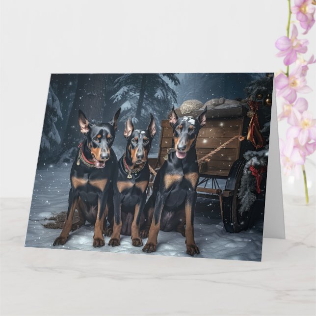 Doberman Snowy Sleigh Weihnachtsdekor Karte (Orchidee)