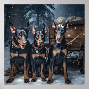 Doberman Snowy Sleigh Weihnachtsdekor Poster