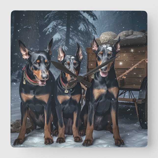 Doberman Snowy Sleigh Weihnachtsdekor Quadratische Wanduhr (Vorderseite)