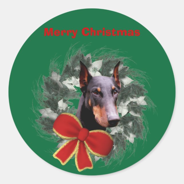 Doberman und Wreath Weihnachtsaufkleber Runder Aufkleber (Vorderseite)