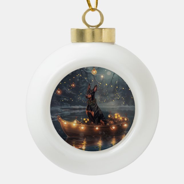 Doberman Weihnachts Feierliche Reise Keramik Kugel-Ornament (Vorderseite)
