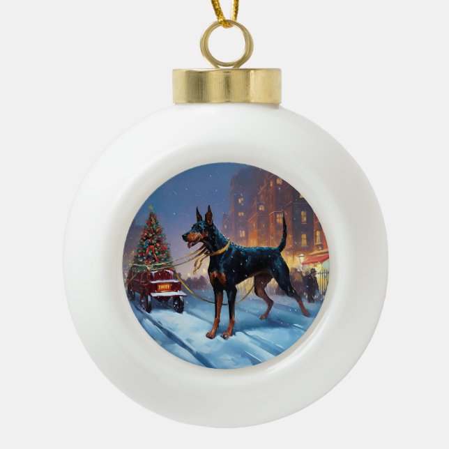 Doberman Weihnachts-Feiertage Keramik Kugel-Ornament (Vorderseite)