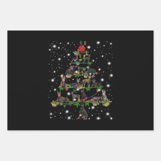 Doberman Weihnachtsbaum bedeckt durch Blitzlicht Geschenkpapier Set (Vorderseite)
