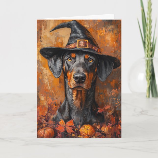 Doberman Witch Halloween Feiertagskarte (Vorderseite)
