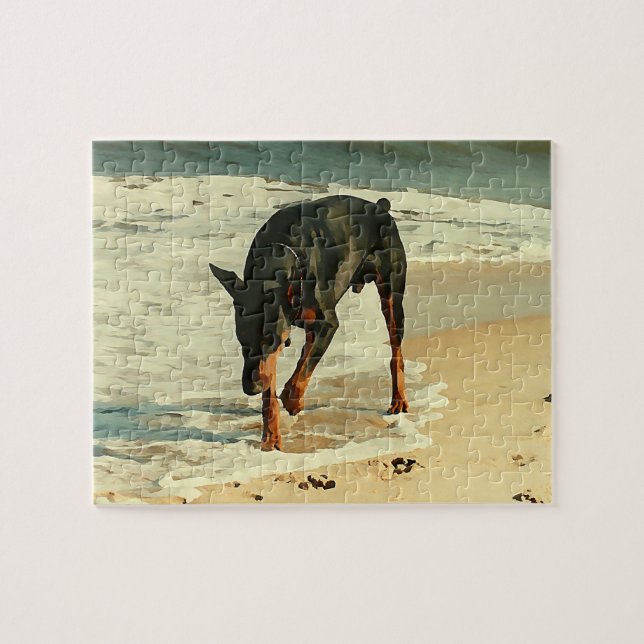 Dobermann am Strand-Malerei-Bild (Horizontal)