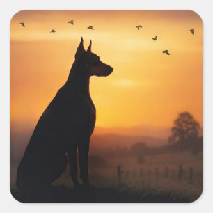 Dobermann bei Sonnenuntergang Quadratischer Aufkleber