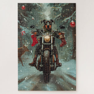 Dobermann fährt Motorrad Weihnachten