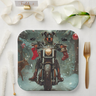 Dobermann fährt Motorrad Weihnachten Pappteller