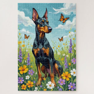 Dobermann Frühling Wiese Blumen Hund