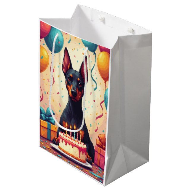 Dobermann-Geburtstagsfeier Mittlere Geschenktüte (Vorderseite Schrägansicht)