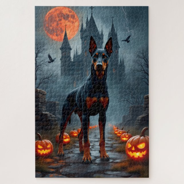 Dobermann-Gothic-Schloss-Halloween-Kunstwerk (Vertikal)