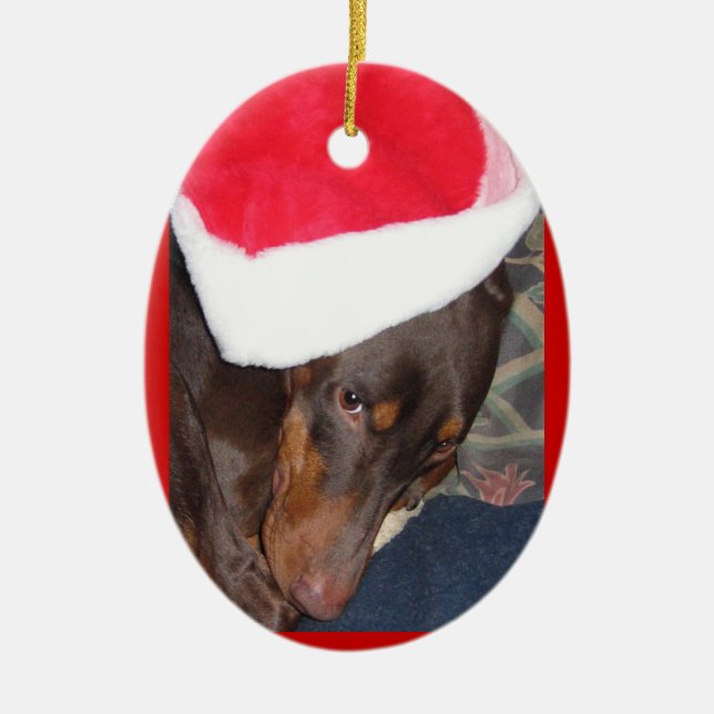 Dobermann (Held) in der Weihnachtsmannmütze Keramik Ornament (Vorne)