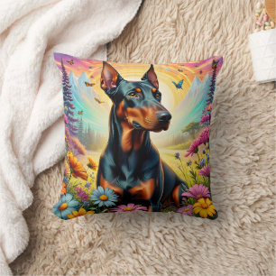 Dobermann-Hund, Blumen und Bergszene Kissen