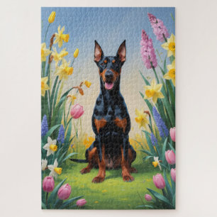 Dobermann-Hund Frühlingsblumen Malerei