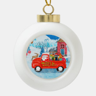 Dobermann-Hund im Weihnachtslieferwagen Schnee Keramik Kugel-Ornament