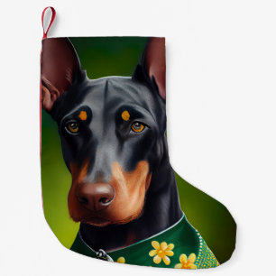Dobermann-Hund in St. Patrick's Day-Kleidung Kleiner Weihnachtsstrumpf