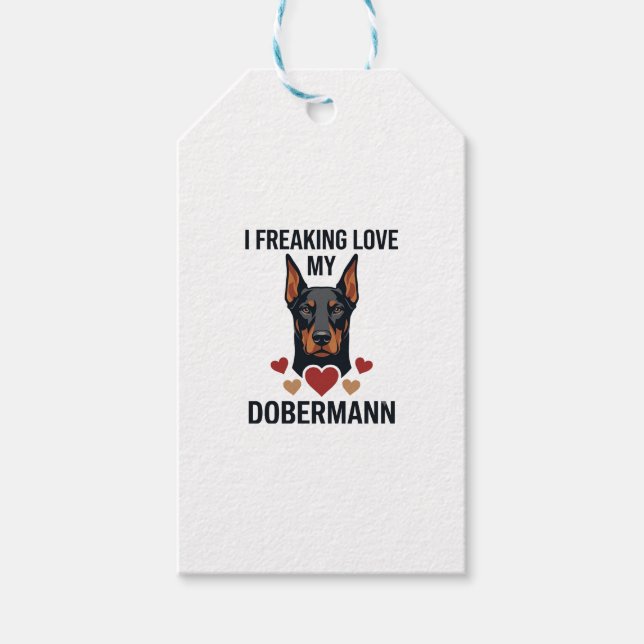 Dobermann Hund mit roten Herzen_1 Geschenkanhänger (Vorderseite)