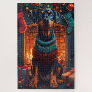 Dobermann-Hund mit Weihnachtsgeschenken Kamin