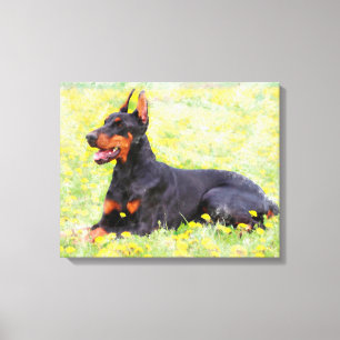 Dobermann-Hund sitzt im Garten Aquarellmalerei Leinwanddruck