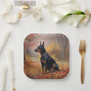 Dobermann im Herbst inspiriert durch fallende Blät Pappteller