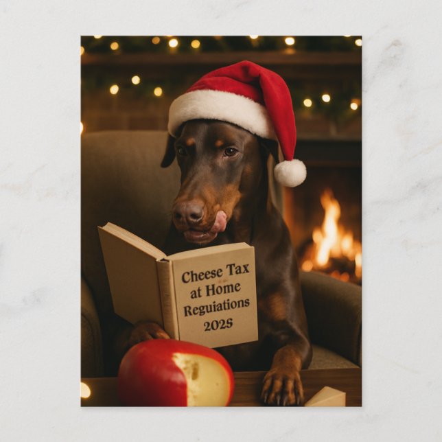 Dobermann 'Käse-Steuer' Weihnachtskarte Postkarte (Vorderseite)