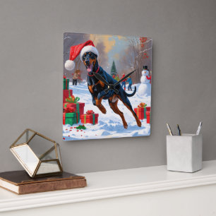 Dobermann läuft im Schnee mit Weihnachtsmütze Quadratische Wanduhr