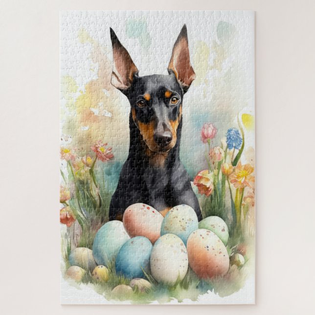 Dobermann mit Ostereiern (Vertikal)