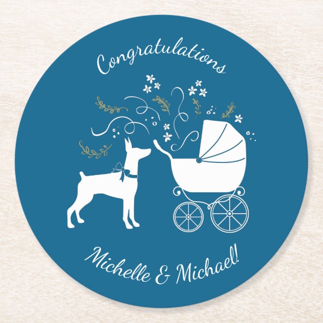 Dobermann Pinscher Baby Shower Puppy Dog Dobie  Runder Pappuntersetzer (Vorderseite)