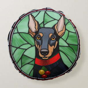 Dobermann Pinscher Buntglas Weihnachten Rundes Kissen