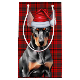 Dobermann Pinscher Hund und rotes Weihnachts-Karo Kleine Geschenktüte